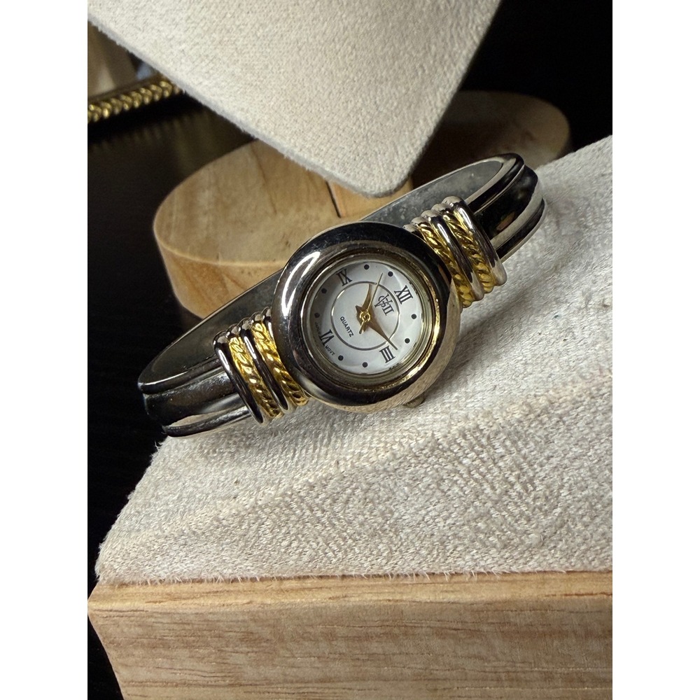 Vintage GV2 Gevril Two Tone Silver Gold Cuff Bangle Watch Roman Numeral Dial